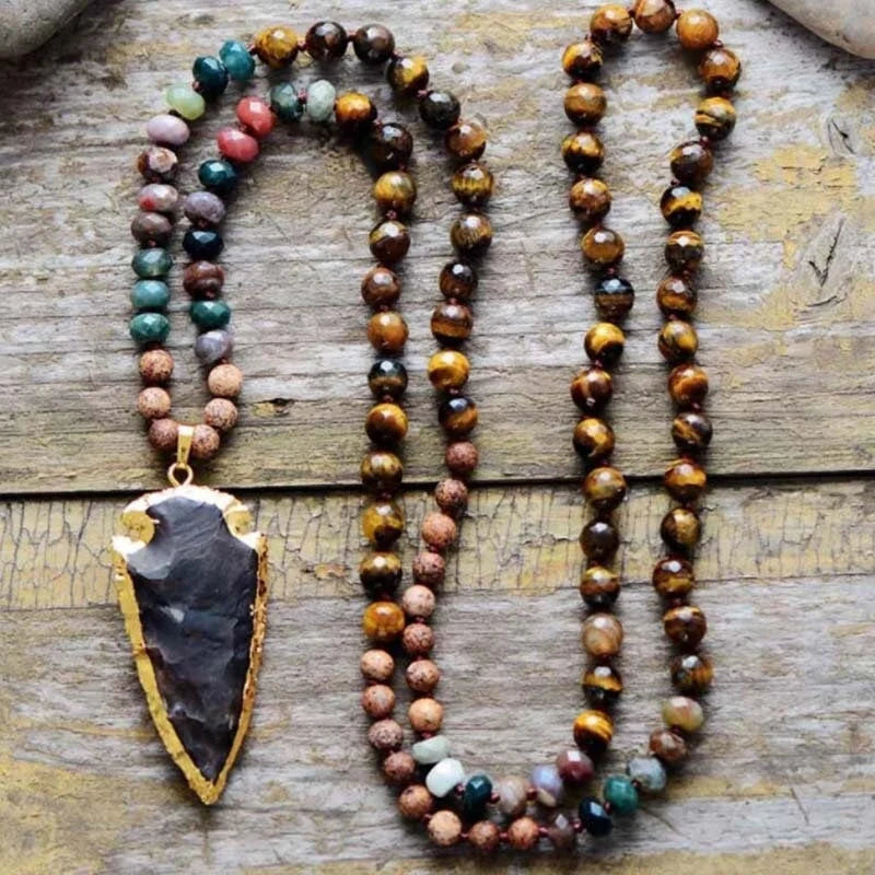 Tribal Black Obsidian Crystal Beaded Necklace