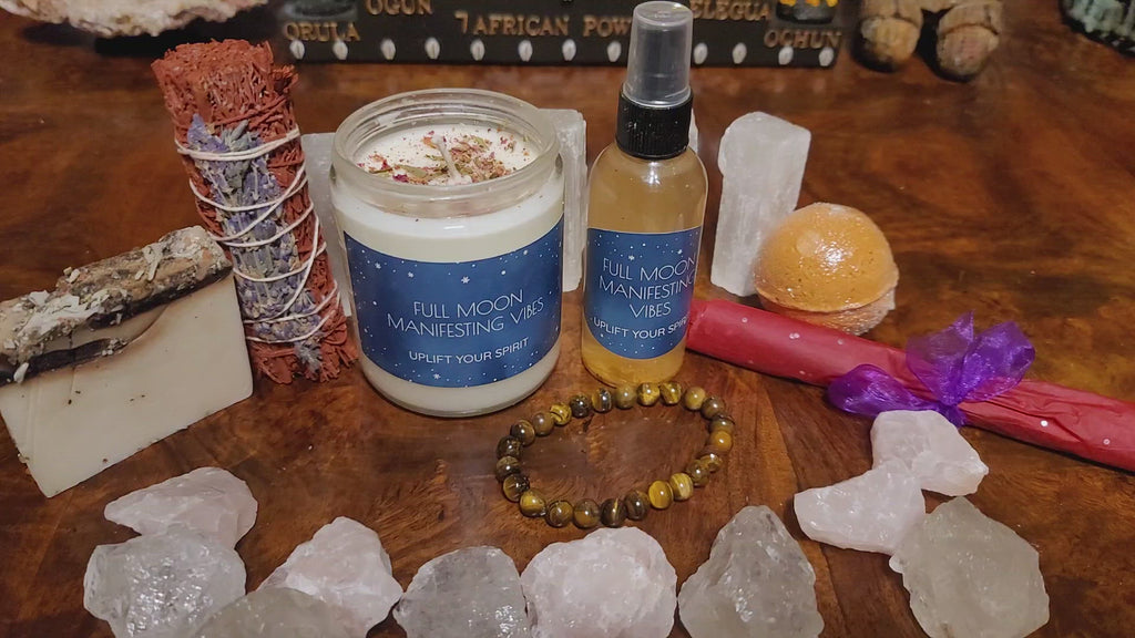 Spiritual Gift Box, Full Moon Ritual Box that includes a candle, bath bomb, soap, spray, Incense, sage smudge stick, selenite crystal stick, bracelet, and protection spiritual bath salts. This Protection Box is the perfect Cleansing Smudging Kit and Self Care Gift.